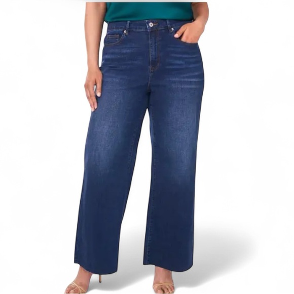 CeCe Wide Straight Leg Jeans Plus Size 20W Raw Hem Cotton Stretch Blue Denim - Picture 1 of 14